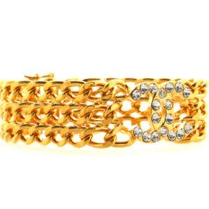 Auth CHANEL Gold Plated Triple Chain Links Coco CC Crystal Curb Bracelet Cuff